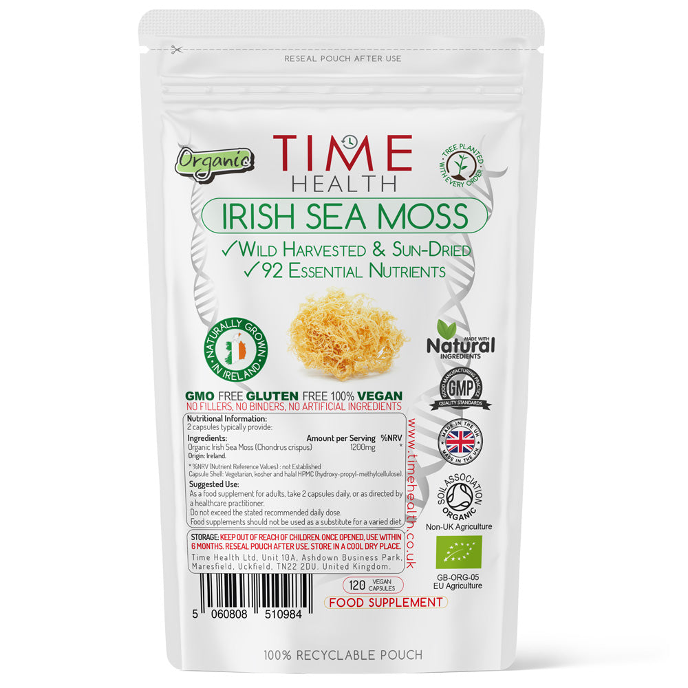 Organic Irish Sea Moss – Wild Harvested – Source of 92 Essential Nutrients – High in Iodine – Sourced from Pristine Waters - 120 Capsules / 50g Powder