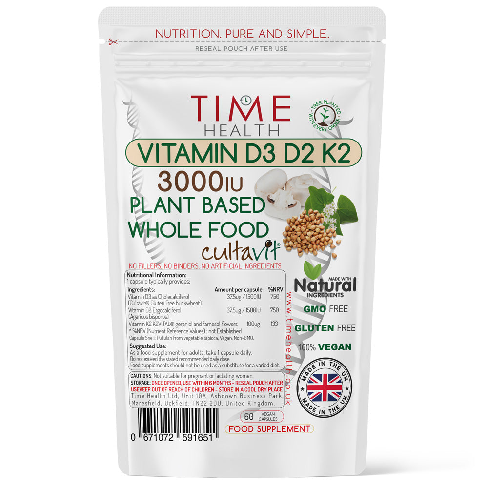 Vitamin D3, D2, K2, Natural Wholefood Plant Based 3000IU