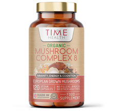 Load image into Gallery viewer, Organic Mushroom Complex 8 – Chaga, Cordyceps, Coprinus comatus, Lion’s Mane, Maitake, Oyster Betox93®, Reishi, Shiitake - 120 Capsules