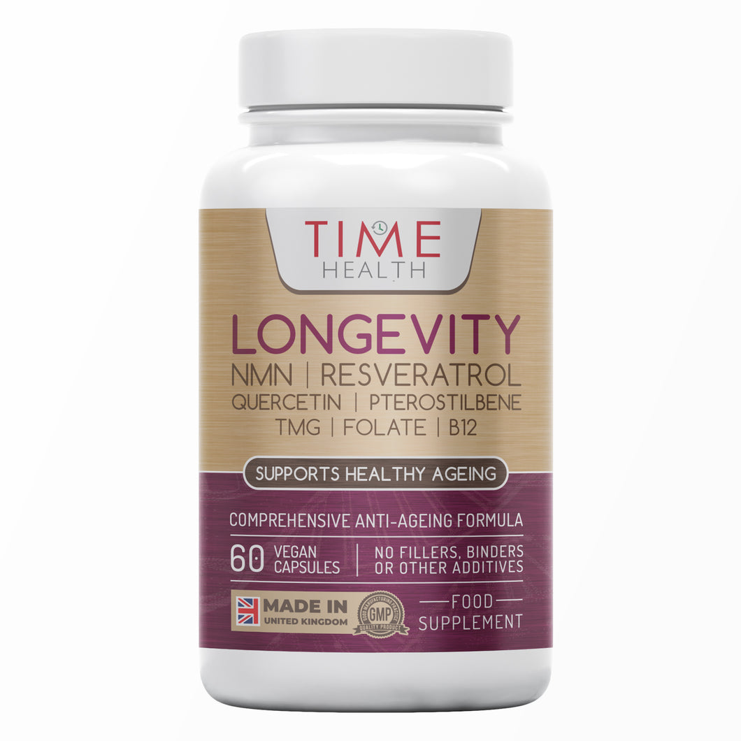 Longevity – N-M-N, Resveratrol, Quercetin, Pterostilbene, TMG, Folate & B12 – Supports Cellular Energy & Anti-Ageing - 60 Capsules