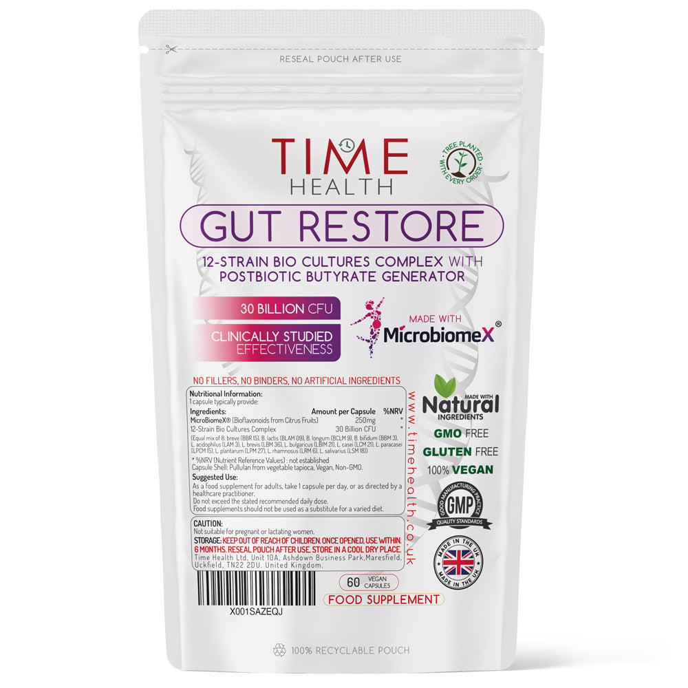 Gut Restore – 12 Strain Probiotic & Postbiotic Butyrate Generator – MicroBiomeX – Clinically Proven – Advanced Bio Cultures Formula - 60 Capsules