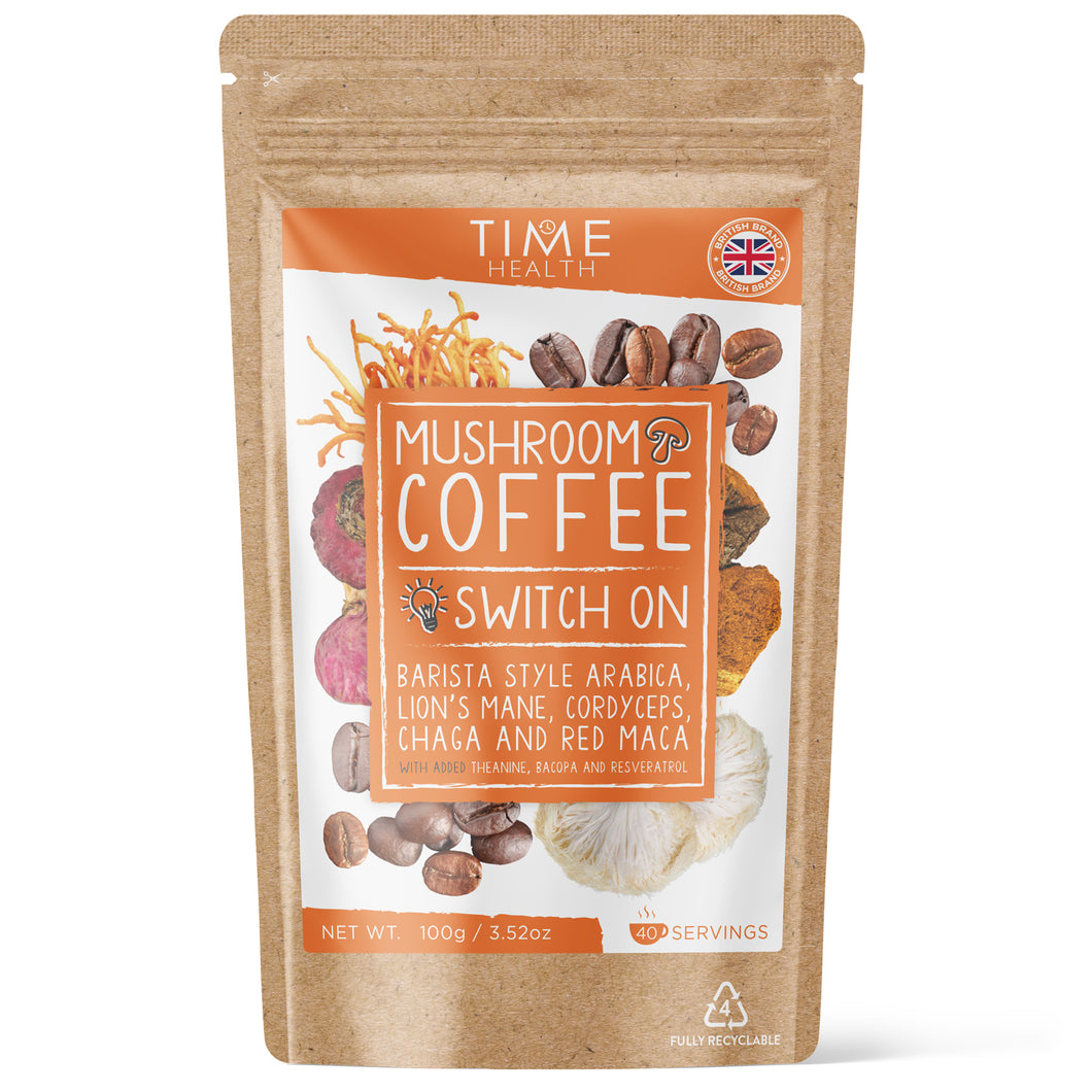 Mushroom Coffee (Instant) – Arabica Coffee, Lion’s Mane, Cordyceps, Chaga, Maca, L-Theanine, Bacopa & Resveratrol – Natural Energy & Focus – Vegan - Regular / Decaf