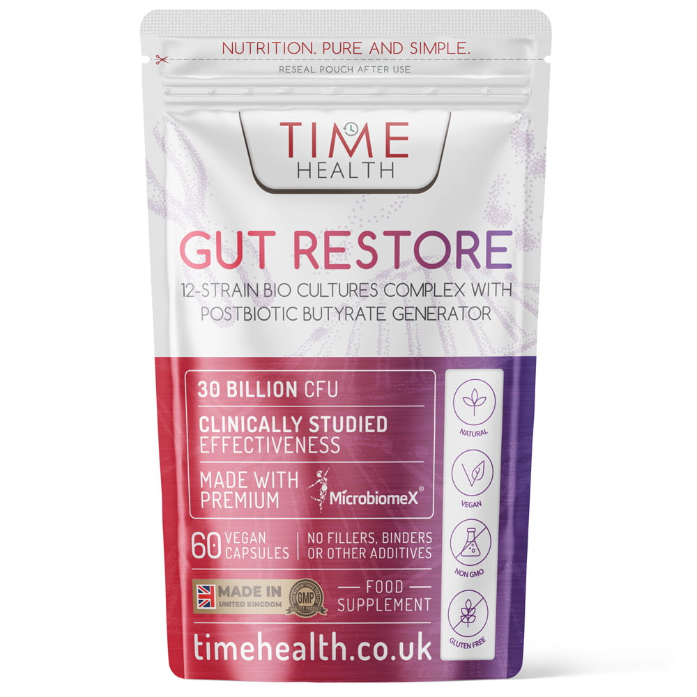 Gut Restore – 12 Strain Probiotic & Postbiotic Butyrate Generator – MicroBiomeX – Clinically Proven – Advanced Bio Cultures Formula - 60 Capsules