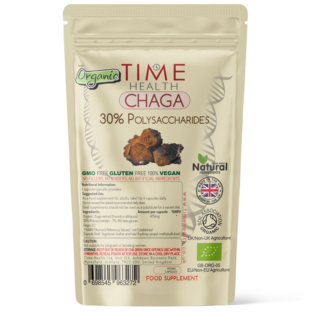 Organic Chaga Mushroom Extract – 30% Polysaccharides 8% Beta Glucans Inonotus obliquus – Capsules