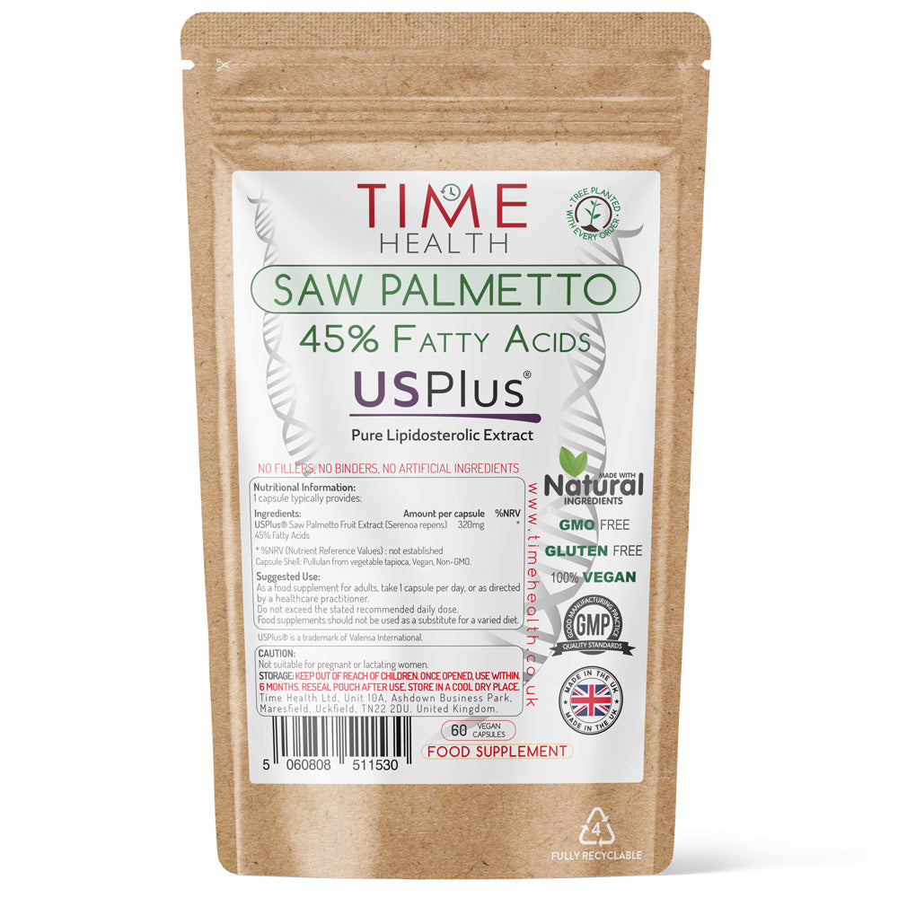 Saw Palmetto – 45% Fatty Acids – Premium Brand USPlus® – Hair Loss Support – 60 Capsules